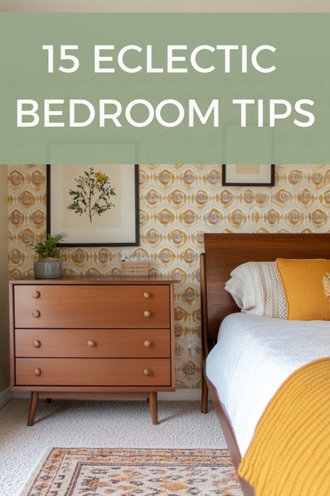 Design the perfect eclectic bedroom with these simple tips. Eclectic Bedroom Furniture Ideas, Article Bedroom Ideas, Eclectic Neutral Bedroom, Retro Guest Bedroom, Bedroom With Mismatched Nightstands, Small Vintage Bedroom Ideas, Bedroom With Mismatched Furniture, Minimal Eclectic Bedroom, Simple Eclectic Bedroom