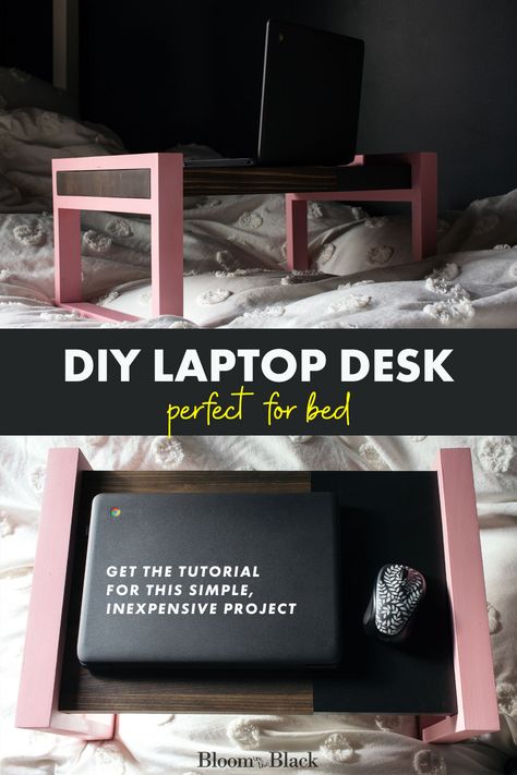 Love to work from your bed? Make a wooden DIY laptop desk with this simple tutorial, This modern laptop table can also be used as a bed tray table if you like breakfast in bed! Also perfect for watching movies on your iPad or laptop. #workingfromhome #diyfurniture #furnitureprojects Laptop Diy, Diy Laptop Stand, Laptop Stand Bed, Diy Letter Board, Bed Tray Table, Laptop Desk For Bed, Diy Breakfast, Diy Laptop, Wine Bottle Topper