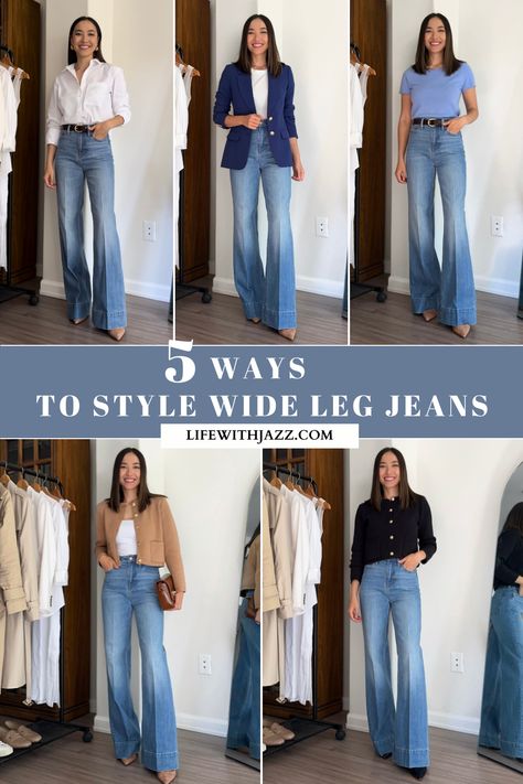 5 Ways to Style Wide Leg Jeans - LIFE WITH JAZZ Jeans Palazzo Outfits, Palazzo Jeans Outfit, Once Upon A Time Prom, Denim Trousers Outfit, Trouser Jeans Outfit, How To Style Wide Leg Jeans, Denim Pants Outfit, 2024 Lookbook, Florida High School