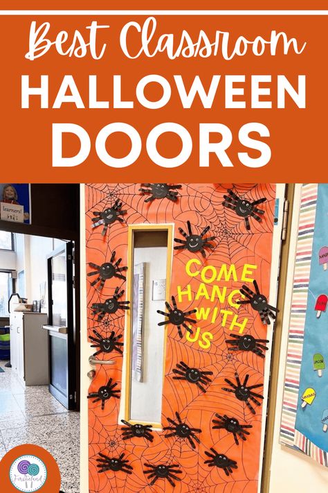 Teacher Doors For Halloween, Kindergarten Door Ideas October, Come Hang With Us Halloween Door, Classroom Doors For Halloween, Simple Halloween Classroom Door, October School Door Decorations, Classroom Bulletin Boards Halloween, Halloween Door Contest Ideas Preschool, Halloween Door Decorations Classroom Easy