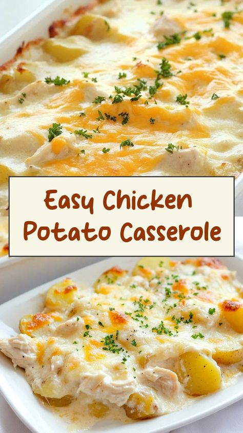 Indulge in a comforting and hearty meal by trying out this delicious chicken potato casserole recipe. Packed with tender chicken, flavorful potatoes, and cheesy goodness, this dish is sure to be a family favorite. Perfect for easy weeknight dinners or for feeding a crowd at gatherings. Give this simple yet satisfying casserole a try and enjoy the warm flavors that will fill your kitchen. Chicken Scalloped Potatoes Casserole, Cheesy Potato And Chicken Casserole, Casseroles With Potatoes Dinners, Chicken Potato Onion Bake, Cream Of Chicken Potatoes, Chicken And Potatoe Recipes, Chicken Potato Bake Recipes, Chicken Potato Recipes Easy, Shredded Chicken Baked Potato