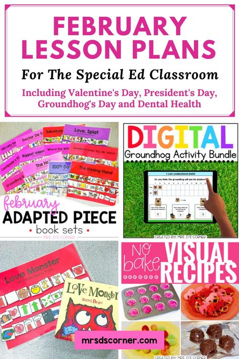 February is a busy month with lots of things to celebrate including President's Day, Valentine's Day, Groundhog's Day, and Dental Health Month. Make planning the month of February easy with these lesson plans, and activities designed for special education students. These activities are low prep and include all subject areas. They include adapted books, visual recipes, along with independent digital learning activities to cover the many topics and themes for February. Themes For February, February Lesson Plans, February Lesson Plan, Small Group Reading Instruction, February Lessons, Therapeutic Interventions, Cooking In The Classroom, Dental Health Month, Vocabulary Word Walls