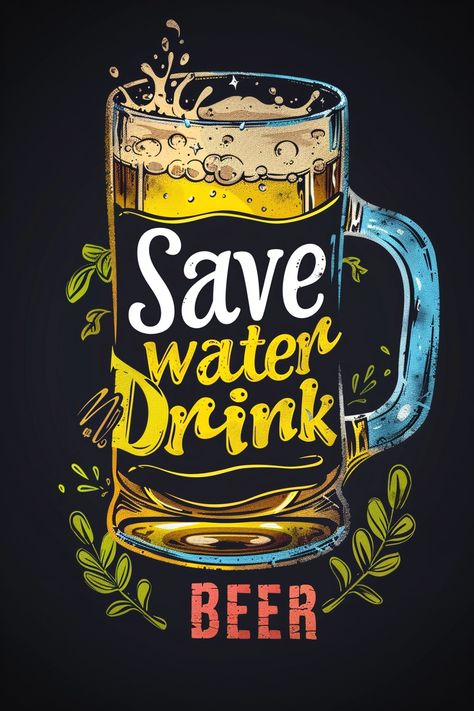 beer with the words saying "Save water Drink BEER", no blend gradient, vector, black background --v 6   --style raw Beer Menu Design, Pub Interior Design, Beer Cartoon, Beer Posters, Craft Beer Design, Beer Wallpaper, Beer Background, Beer Painting, Beer Images