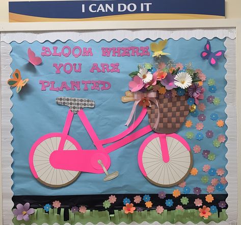 Classroom bulletin board in Spring 2022 !!! Bloom Where You Are Planted Bulletin Board, Spring Classroom Decorations Wall Decor, Bloom Where You Are Planted Classroom, Spring Is In The Air Bulletin Board, Spring Classroom Bulletin Boards, Spring Bulletin Board Ideas For School, Teacher Room Decorations, Spring Bulletin Board Ideas, Spring Classroom Decorations