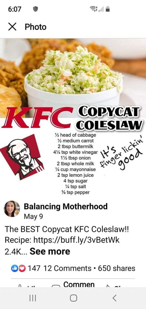 Coslow Salad Recipe, Coslow Salad, Copycat Kfc Coleslaw, Kfc Chicken Recipe, Kfc Chicken, Easy Family Meals, Coleslaw, Restaurant Recipes, Wedding Food