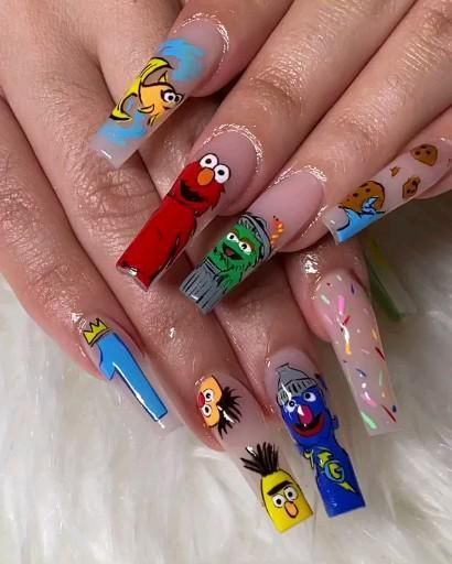 Sesame Street Nails Acrylic, Sesame Street Nails, Cartoons Nails, 90s Cartoon Nails Acrylic, Monster Nails, Disney Acrylic Nails, Crazy Nail Designs, Purple Acrylic Nails, Punk Nails