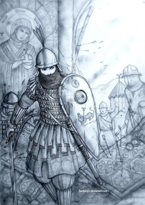 Vardanoush ve Sargistuni of Kavkaus Hayk (Armenia) by Gambargin on DeviantArt Byzantine Warrior, Armenia Art, Byzantine Army, Varangian Guard Armor, 1915 Armenia, Concept Drawing, Fantasy Story Ideas, Woman Warrior, Warrior Drawing