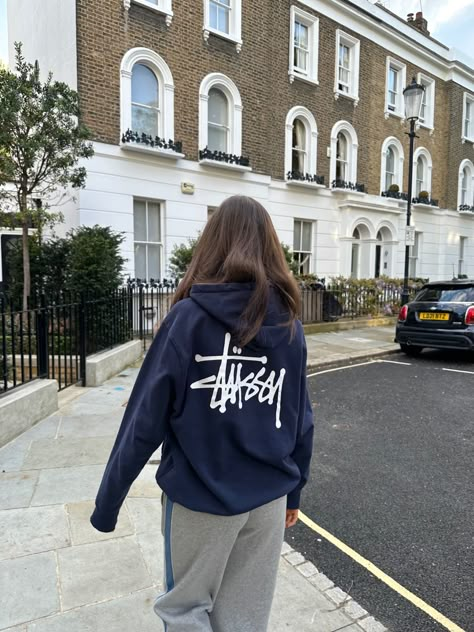 #stussy #stussyhoodie #fashion #londonaesthetic #kingsroad Navy Blue Stussy Hoodie, Navy Stussy Hoodie Outfit, Stussy Outfits Woman, Navy Stussy Hoodie, Navy Hoodie Aesthetic, Grey Stussy Hoodie Outfit, Stussy Hoodie Outfit Women, Stussy Hoodie Aesthetic, Navy Blue Hoodie Outfit