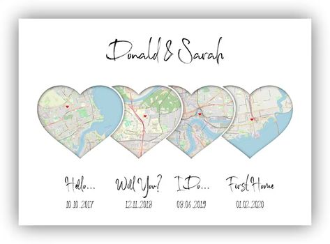 Relationship Scrapbook, Map Heart Art, Map Heart, Wedding Gift For Couple, Heart Map, Feature Walls, First Anniversary Gifts, Personalized Map, Numbers Font