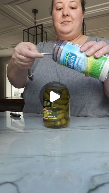 Ashley Elizabeth | Sweetpea on Instagram: "Have you tried this VIRAL TikTok Trend?!

These ranch pickles are established in my kitchen.

I love the cool flavor it adds to the bright dill crunchers!

You need two ingredients for this “recipe.”

A jar of your favorite dill pickles + a packet (3 tablespoons!) or ranch dressing seasoning!

You’ll open you jar, sip a bit of juice out, then add in your seasoning.

Give it a shake, then let it sit for 24 hours (if you can!).

So good, y’all!

They were a fun addition at my recent Pickle Party!

Share this with your pickle loving friend!" Shelf Stable Dill Pickles, Last Pickle She'll Ever Tickle, Ranch Pickles, Sweet Dill Pickles From Store Bought, Dill Pickles One Jar At A Time, Mt Olive Kosher Dill Pickle Recipe, Pickle Party, Ranch Dressing Seasoning, Dill Pickles