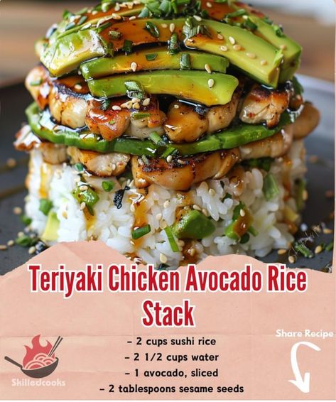 Avacado Rice, Chicken Avocado Rice, Sushi Stacks, Liver Healthy Foods, Asian Cusine, Grilled Chicken Avocado, Avocado Rice, Bowl Meals, College Food