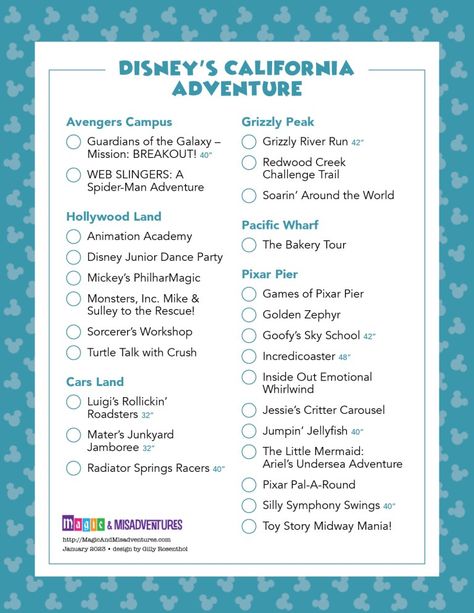 California Adventure Rides List, Disneyland Ride Checklist, Disneyland Bucket List, Disneyland Planning 2024, Disneyland Checklist, Disneyland Plan, Disneyland Spring, Disneyland 2024, Disneyland Trip Planning