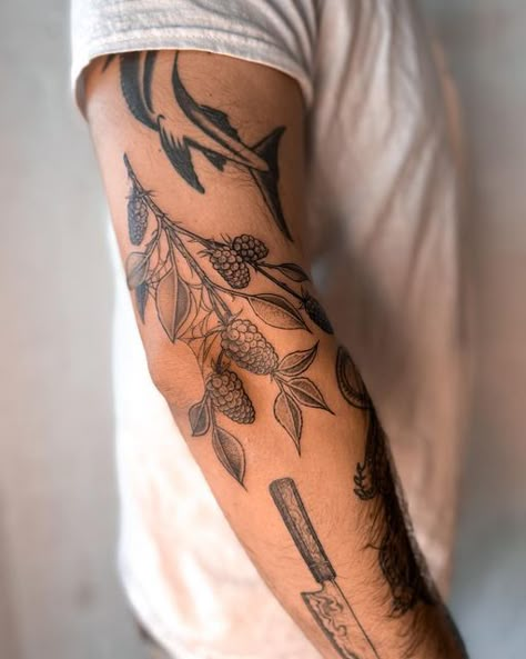 Plant Forearm Tattoo Men, Branches Tattoo Men, Men’s Plant Tattoo, Foliage Tattoo Men, Mid Forearm Tattoo, Lower Elbow Tattoo, Mulberry Branch Tattoo, Vine Elbow Tattoo, Mens Plant Tattoo