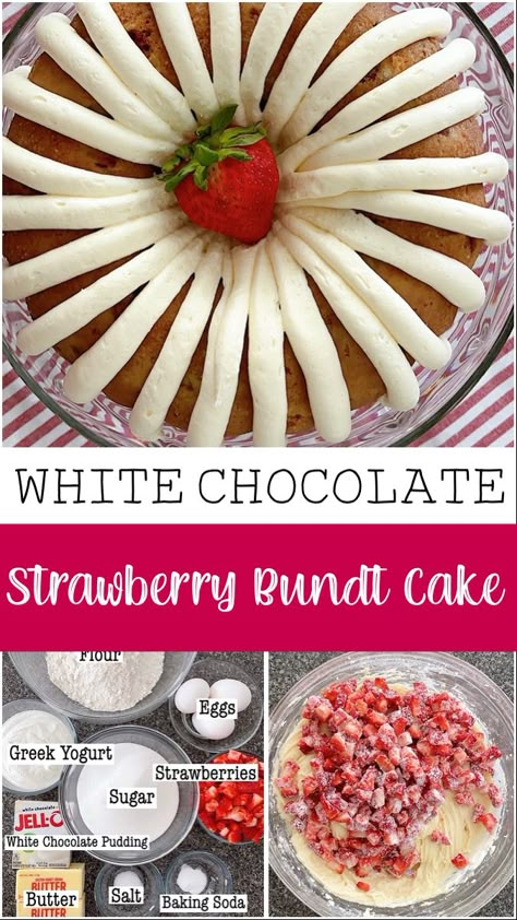 White Chocolate Strawberry Bundt Cake, Nothing Bundt Cake Strawberry And Cream, Nothing Bundt Cakes Recipe Strawberry, Fruity Bundt Cake Recipes, Mini Strawberry Bundt Cake Recipes, Chocolate Strawberry Bundt Cake, Anything Bundt Cakes Recipes, Bundt Cake With Icing, Strawberry Cream Bundt Cake