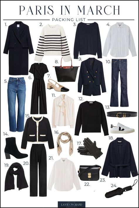 How to pack for Paris in March to look classic, timeless, and chic like a Parisian. March 2024 Fashion, French Spring Capsule Wardrobe 2024, Europe In March Outfits, Paris In March Outfits, March Outfit Ideas, Paris Spring Outfit, Paris In March, What To Pack For Paris, Paris Trip Outfits