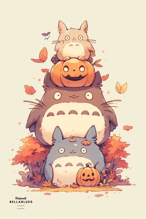 Studio Ghibli Halloween Art, Totoro Fall Wallpaper, Studio Ghibli Fall Wallpaper, Totoro Scenes, Ghibli Autumn, Totoro Illustration, Ghibli Halloween, Ghibli Illustration, Totoro Aesthetic