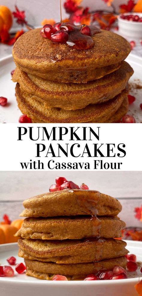 These Paleo pumpkin pancakes are made with cassava flour, pumpkin puree and lightly sweetened with coconut sugar. This is an easy cassava flour recipe - perfect for a healthy Paleo breakfast and loved by kids. These cassava pancakes are grain free, gluten free, nut free and easy to make. #cassavaflour #cassavapancakes #paleopancakes Cassava Pancakes, Paleo Pumpkin Pancakes, Healthy Paleo Breakfast, Cassava Recipe, Cassava Flour Recipes, Pumpkin Pancake Recipe, Paleo Pancakes, Aip Paleo Recipes, Pumpkin Waffles