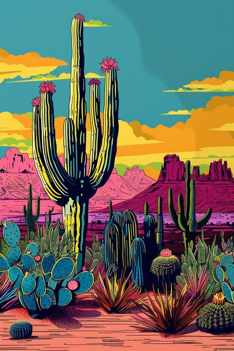 Cactus Desert Original Pop Art Print Poster Wall Art Decor Vibrant Eclectic Quirky Gallery Abstract - Etsy Italy Cactus In The Desert, Salad Art, Illustration Pop Art, Cactus Desert, Pop Art Illustration, Colourful Art, Desert Art, Desert Painting, Cactus Art