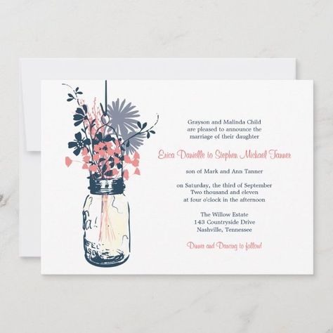 Mason Jar & Wild Flowers - Popular Zazzle Product! Best choice, tags : #invitations, #tshirt, #card, #InvitationsCard, #legging, #trending, #holiday Mason Jar Hanging, Jar Hanging, Wildflower Invitation, Flowers Invitation, Vintage Mason Jars, Country Style Wedding, Four O Clock, Seating Cards, Flower Invitation