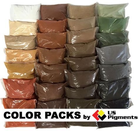 Color Packs - US Pigments - Decorative Concrete Supplies and Integral Concrete Color Behr Concrete Dye, Paint Pigment Powder, Pigmented Concrete Architecture, Concrete Pigment Color, Concrete Mix Design, Coloured Concrete, Concrete Dye, Concrete Pigment, H&c Concrete Stain Colors