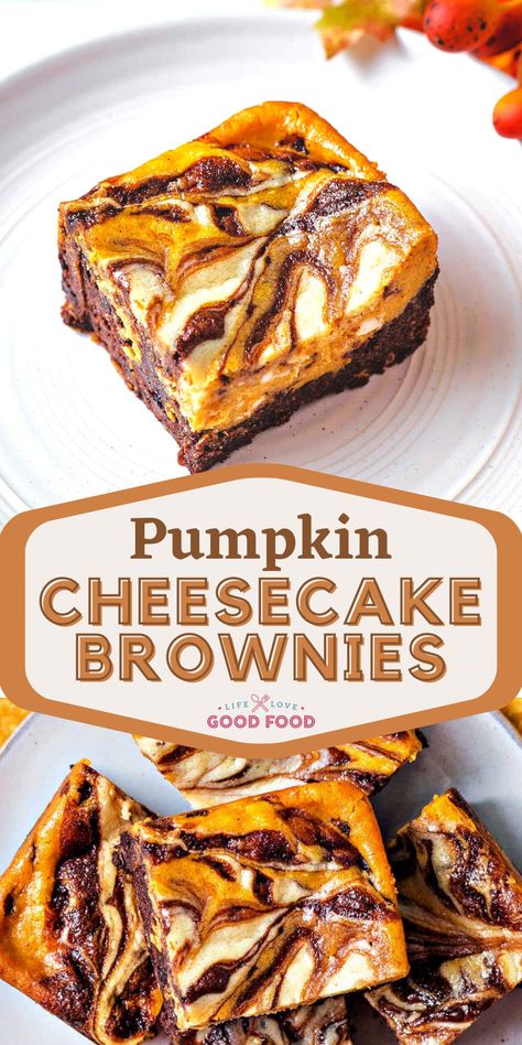 Pumpkin Brownie Cheesecakes are picture-perfect with their orange and white cheesecake layers swirled into gooey, chocolatey brownies! Just in time for the fall season are these delicious Pumpkin Cheesecake Brownies — pure heaven! Fall Recipes Baked Goods, Fall Dessert Recipes Cheesecake, Brownie Bottom Pumpkin Cheesecake, Festive Fall Desserts, Brownie Pumpkin Recipe, Fall Decorated Brownies, Fall Dessert Box Ideas, Pumpkin Cream Cheese Brownies, Fall Desserts Cheesecake