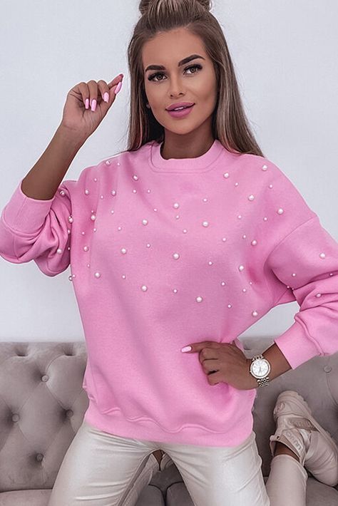 $8.14 Bonbon Pearl Detail Ribbed Crew Neck Sweatshirt Wholesale V Neck Sweatshirt, Pink Crewneck Sweatshirt, Chic Blouses, Estilo Chic, Pink Crewneck, Round Neck Sweatshirts, Cozy Sweatshirts, Pink Fashion, Shoulder Sleeve