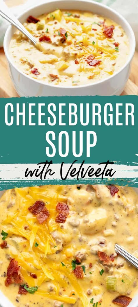 Slow Cooker Cheeseburger Soup, Cheeseburger Soup Crockpot, Cheeseburger Soup Recipe, Velveeta Recipes, American Comfort Food, Chicken Lickin, The Chunky Chef, Comfort Recipes, Bacon Cheeseburger Soup