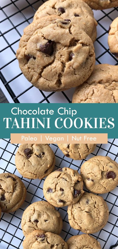 These Paleo chocolate chip tahini cookies are soft, chewy and delicious. This tahini cookie recipe is made with 7 simple ingredients, grain free, dairy free and egg free. The perfect Vegan tahini cookie! #tahinicookies #paleotahinicookies #chocolatechipcookies #vegan #paleo Paleo Tahini Cookies, Vegan Tahini Cookies, Paleo Cookies Easy, Tahini Cookie, Tahini Cookies Recipe, Clean Eating Sweets, Tahini Cookies, Healthy Cookie, Paleo Cookies