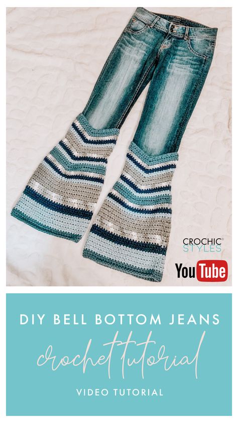 Learn how to make your own crochet bell bottom jeans. This is perfect for a fun outing with friends and to a music festivals. Watch this quick and easy beginner friendly tutorial to make your own pair of jeans! Crochet Bottom Jeans, Crochet Ripped Jeans, Crochet On Jeans Pants, Upcycled Crochet Jeans, Jeans With Crochet Ideas, Add Crochet To Jeans, Crochet Bell Bottoms Pattern, Crochet For Festivals, Crochet Bell Bottom Jeans