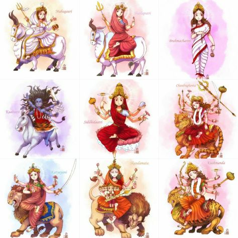 9 Mata Rani Images, Navaratri Durga Avatars, Navaratri 9 Days Images, 9 Durga Avtar, Navdurga Drawing, Navdurga Painting, Navratri Devi Images, Nav Durga, Navratri Wishes