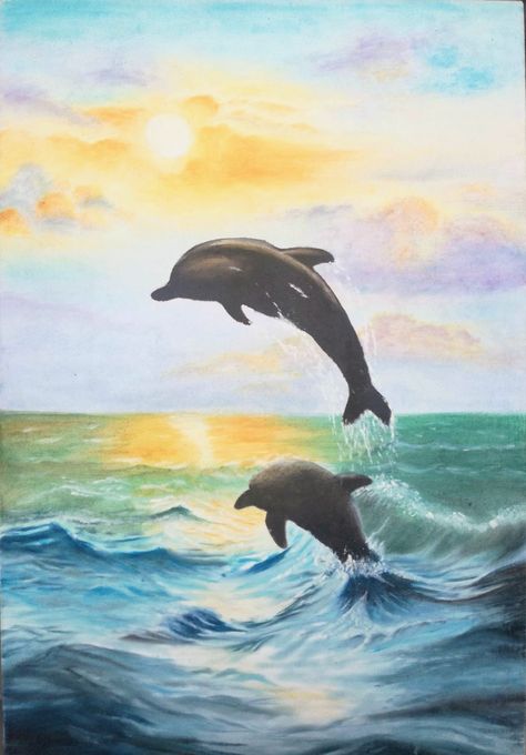 Dolphins sunset oil painting by TAT Sunset Oil Painting, Dolphins, Tatting, Tart, Oil Painting, Drawings, Animals, Art