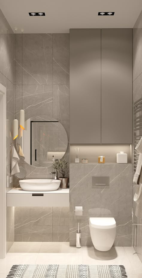 Beige-gray Bathroom Beige Grey Bathroom Ideas, Grey And Cream Bathroom Ideas, Gray And Beige Bathroom Ideas, Grey Toilet Ideas, Beige Gray Bathroom, Beige Washroom, Bathroom Ideas Grey Tiles, Grey Bathroom Ideas Modern, Small Bathroom Grey