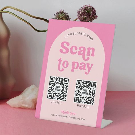 Business Scan to Pay pedestal sign featuring retro fonts, pink aesthetic design, arch background and space for 2 QR codes. You can add your business name and contact details as well as your custom scannable QR codes for any type of payment methods you accept - such as venmo, paypal, apple pay, cash app and more. Use this table top Feminine Phone Payment Sign your till in your shop, beauty salon, or at pop-up events so your customers can make a quick payment by scanning the URL codes. Pop Up Sale Display, How To Pay Design, Wooden Sign Business, Business Payment Signs, Craft Fair Payment Sign, Pop Up Shop Signs, Pop Up Shop Signage, Small Business Event Set Up, Pop Up Shop Checklist