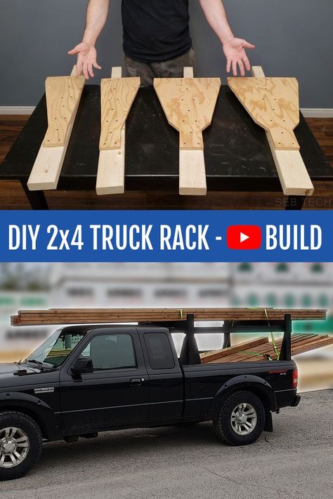 I made a truck rack for my truck using 2x4's. This homemade truck rack is cheap to make and will save you many delivery fee from the home center store. If you need to transport a ladder, wood, canoe, kayak, boat or any long items, this diy truck rack is a must. All made from 2x4's and some plywood pieces, this homemade truck rack is a must. I made a tutorial video and included free plans and material list in an how to build video. #diy #homemade #truck #rack #wooden Truck Ladder Rack Ideas, Diy Ski Rack, Kayak Rack For Truck, Wooden Truck Bedding, Ladder Rack Truck, Canoe Rack, Kayak Fishing Diy, Truck Canopy, Wood Canoe