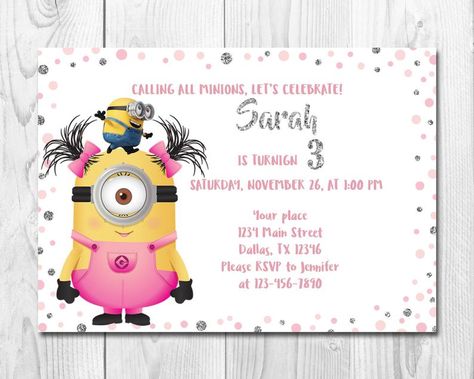 Minion Girl Party, Girl Minion Birthday Party, Birthday Minion, Minion Invitation, Girl Minion, Birthday Party Pink, Silver Confetti, Minion Birthday Party, Minion Birthday