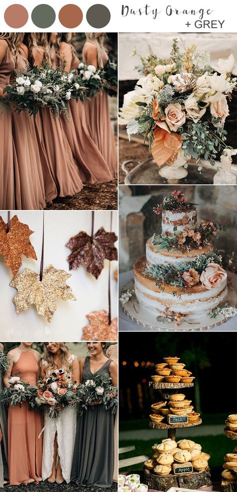 dusty orange and grey fall wedding color ideas Neutral Rustic Wedding, Grey Fall Wedding, Wedding Colors For Fall, Neutral Fall Wedding, October Colors, Dusty Orange, Wedding Color Scheme, Rustic Wedding Decorations, Glitter Leaves