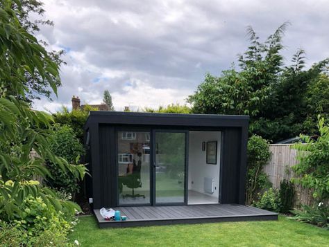 Black clad garden rooms by Ark Design Build-2 Small Garden Office, Garden Office Shed, Black Cladding, Green Roof System, Office Shed, Larch Cladding, Garden Pods, Narrow Garden, Cedar Garden