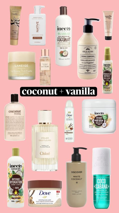 collage about products, coconut/vanilla girl wishlist Scent Shower Routine, Coconut Shower Routine, Smell Like Coconut, Defrizz Hair, Coconut Conditioner, Coconut And Vanilla, Hygiene Products, Pretty Skin Care, Pretty Skin