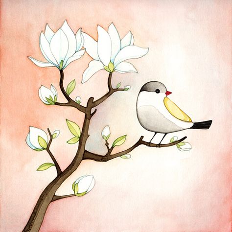 https://flic.kr/p/9qoY5q | Magnolia | Here is the finished painting! Watercolor on paper 7.5" x 7.5" Blogged here Bird On Branch Drawing, Bird Illustration Print, Bird Sitting, Soyut Sanat Tabloları, Pola Sulam, Art Et Illustration, Bird Drawings, Bird Illustration, Birds Painting