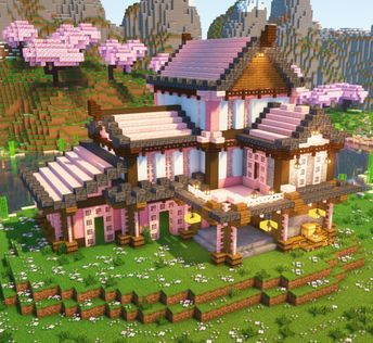 Minecraft Cherry Blossom Mansion Tutorial Cute Pink Minecraft House Vanilla, Cute Pink Minecraft House, Cherry Blossom Village, Cute Minecraft Houses Easy, Pretty Minecraft Houses, Minecraft Build House, Minecraft Cherry Blossom House, Big Minecraft Houses, Cherry Blossom House