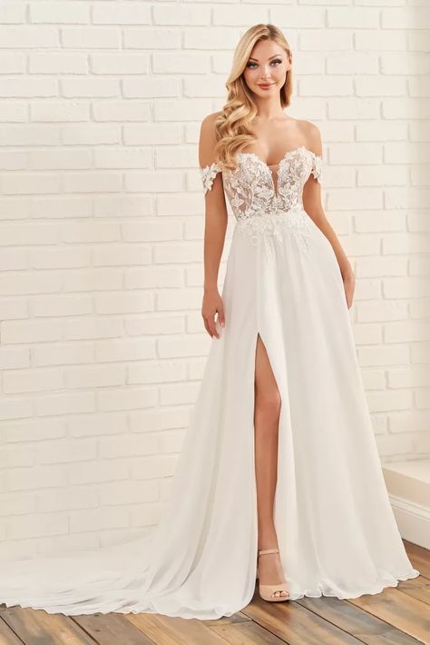 Enchanting By Mon Cheri, Off Shoulder Wedding Gown, Lace Gown Styles, Destination Wedding Dress, Chiffon Wedding Dress, Brides Wedding Dress, Mon Cheri, Colored Wedding Dresses, A Line Gown