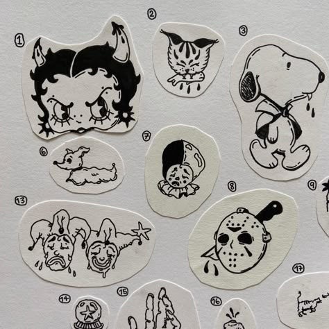 Aesthetic Tattoo Flash, Tattoo Flash Prompts, Small Tattoos Flash, Cute Spooky Flash Tattoo, Kewpie Flash Tattoo, Spooky Girly Tattoos, Girly Tattoo Flash, Simple Tattoo Flash, Girly Flash Art