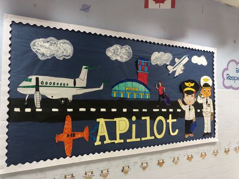 Airport Theme Classroom, Airport Theme Decorations, Plane Bulletin Board, Airport Decorations, Merdeka Decoration, Bulletin Board For School, Bird Bulletin Boards, Airport Theme, First Day Of School Pictures