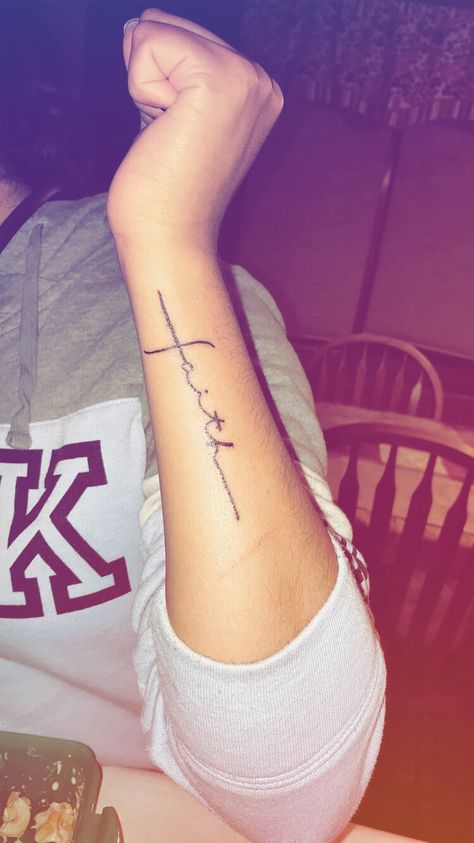 Faith Arm Tattoos For Women, Faith Arm Tattoo, Tattoo On Side Of Hand, Have Faith Tattoo, Hello Tattoo, Faith Tattoo Designs, Faith Tattoos, Faith Tattoo On Wrist, Tattoos For Women Small Meaningful