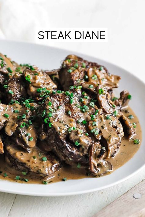 You will absolutely love how delicious and easy it is to make this steak Diane recipe. Perfectly pan-seared filet mignon with a tasty mushroom cognac cream sauce that pairs together fantastically. This 25-minute meal is a must-make! Filet Sauce Recipes, Braising Steak Recipes, Chicken Steak With Mushroom Sauce, Steak With Mushroom Sauce, Mushroom Wine Sauce For Steak, Cognac Mushroom Steak Sauce, Steak With Red Wine Mushroom Sauce, Steak Diane Sauce, Diane Sauce