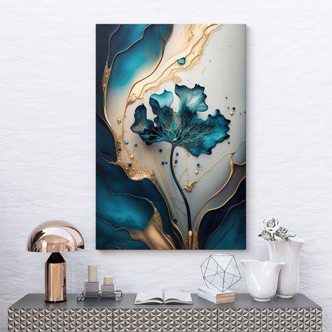 Elegant Teal and Gold Abstract Floral Canvas Art - Luxurious Wall Decor for Modern Homes, Flower Canvas Wall Art Decor, Wall Art Framed by CanvasCrea on Etsy Acrylic Wall Decor, Handmade Wall Decor, Handmade Wall Art, Gold And Blue, Floral Wall Decor, Alcohol Ink Art, Animal Canvas, Glass Printing, Blue Marble