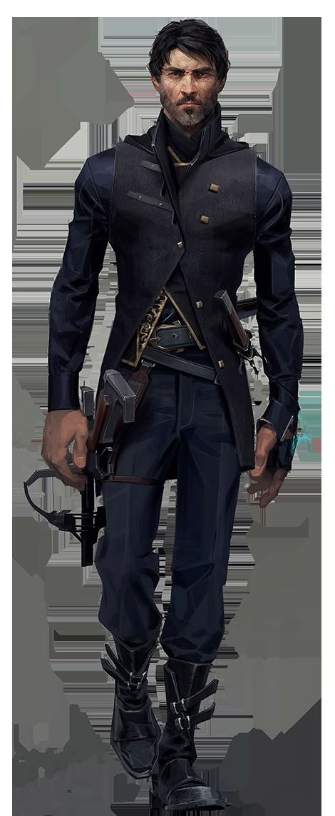 Corvo Attano is a fictional character of Arkane Studios' Dishonored universe. He is the lead protagonist in Dishonored, one of two playable protagonists in Dishonored 2, and has appeared in multiple Dishonored fictional works, including a comic series, and the first published book of a trilogy of novels announced in 2016 Corvo Attano, Dishonored 2, Mode Steampunk, Model Sheet, Dishonored, Chevy Impala, Dieselpunk, Character Creation, Dnd Characters