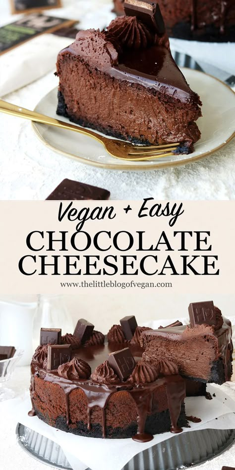 slice of baked chocolate cheesecake in a bakery setting with a glass of milk and gold forks Vegan Chocolate Cheesecake Recipe, Vegan Gingerbread Cheesecake, Vegan Dessert Quick, Eggless Cheesecake Recipes, Egg Free Cheesecake, Wacky Recipes, Best Vegan Cheesecake, Baked Chocolate Cheesecake, Vegan Chocolate Cheesecake