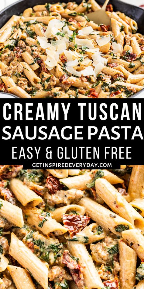 Creamy Tuscan Sausage Pasta, Tuscan Sausage Pasta, Gluten Free Pasta Dinner, Tuscan Sausage, Cajun Sausage Pasta, Dairy Free Pasta Recipes, Ground Sausage Recipes, Chicken Sausage Pasta, Sausage Recipes For Dinner