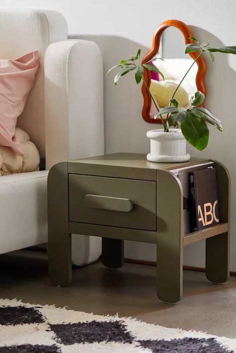 Cool Night Stands, Postmodern Nightstand, 70s Nightstand, Rounded Nightstand, Cool Nightstand, Funky Nightstand, Unique Nightstand Ideas, Retro Nightstand, Unusual Bedside Tables